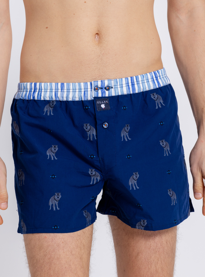 Le Loup - Caleçon Brodé Homme En Coton - Bleu, Gris Et Blanc