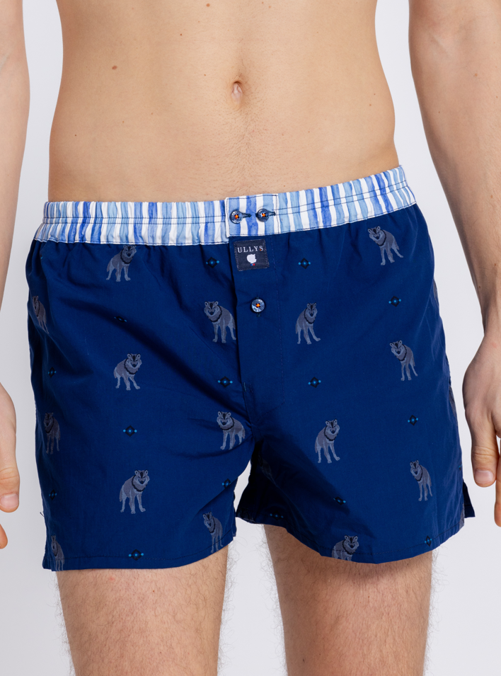 LE LOUP - CALEÇON BRODÉ HOMME EN COTON - BLEU, GRIS ET BLANC