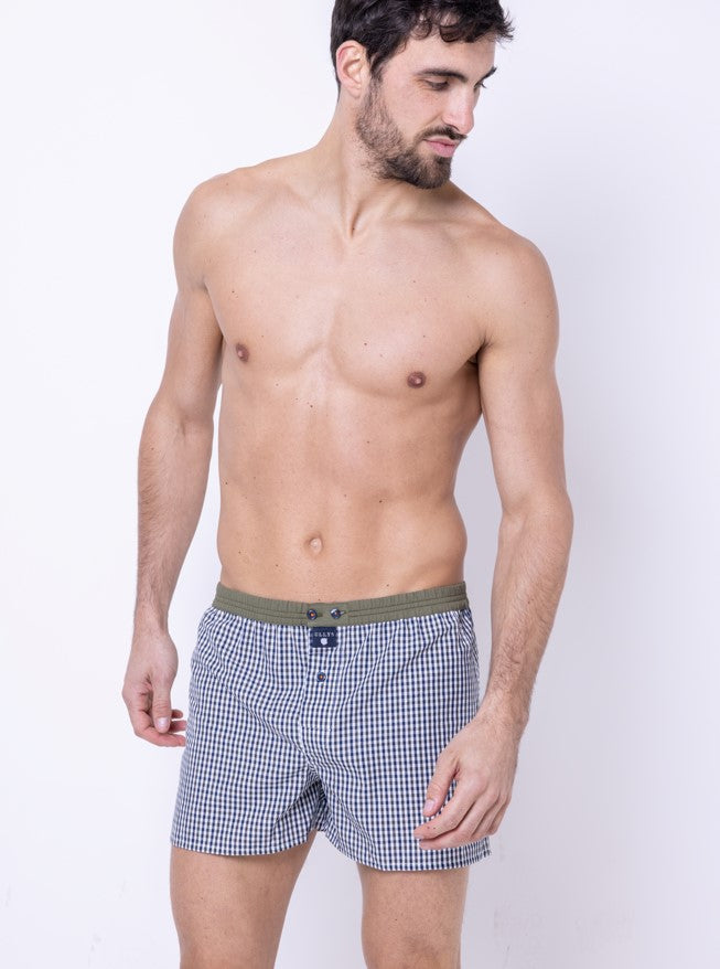 LE PETIT VICHY II - CALEÇON EN COTON BLEU, BLANC ET VERT OLIVE