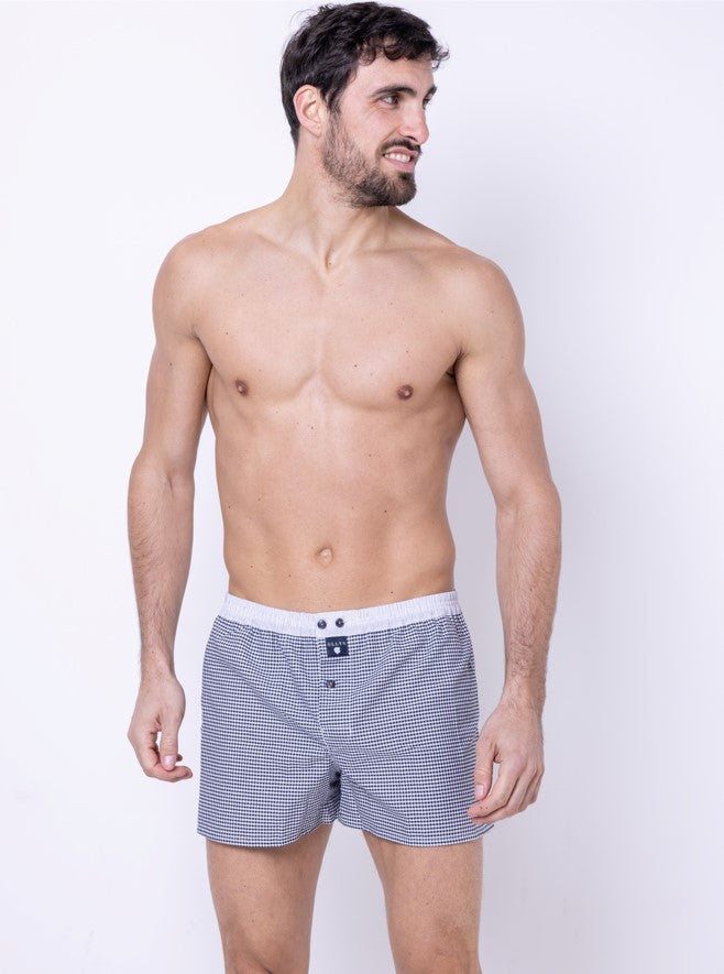 Le Petit Vichy - Caleçon En Coton Marine Et Blanc