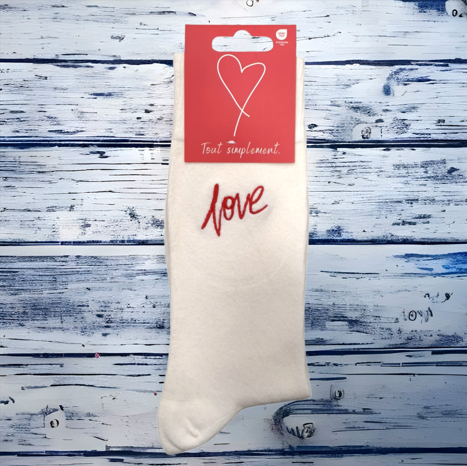 BRODERIE - AMOUR - CHAUSSETTES DÉPAREILLÉES LOVE & COEUR - BLANC ET ROUGE